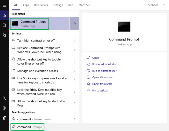 Screenshot of Windows search box. "command" is entered in the box and Windows Command Prompt is listed as "Best Match" for the search.