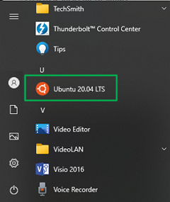 Screenshot of windows start menu with Ubuntu application highlighted